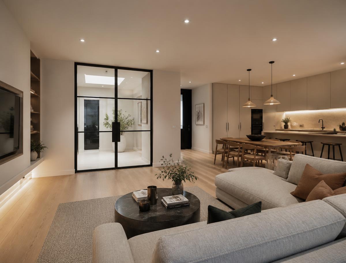 Afgewerkte leefruimte na totaalrenovatie